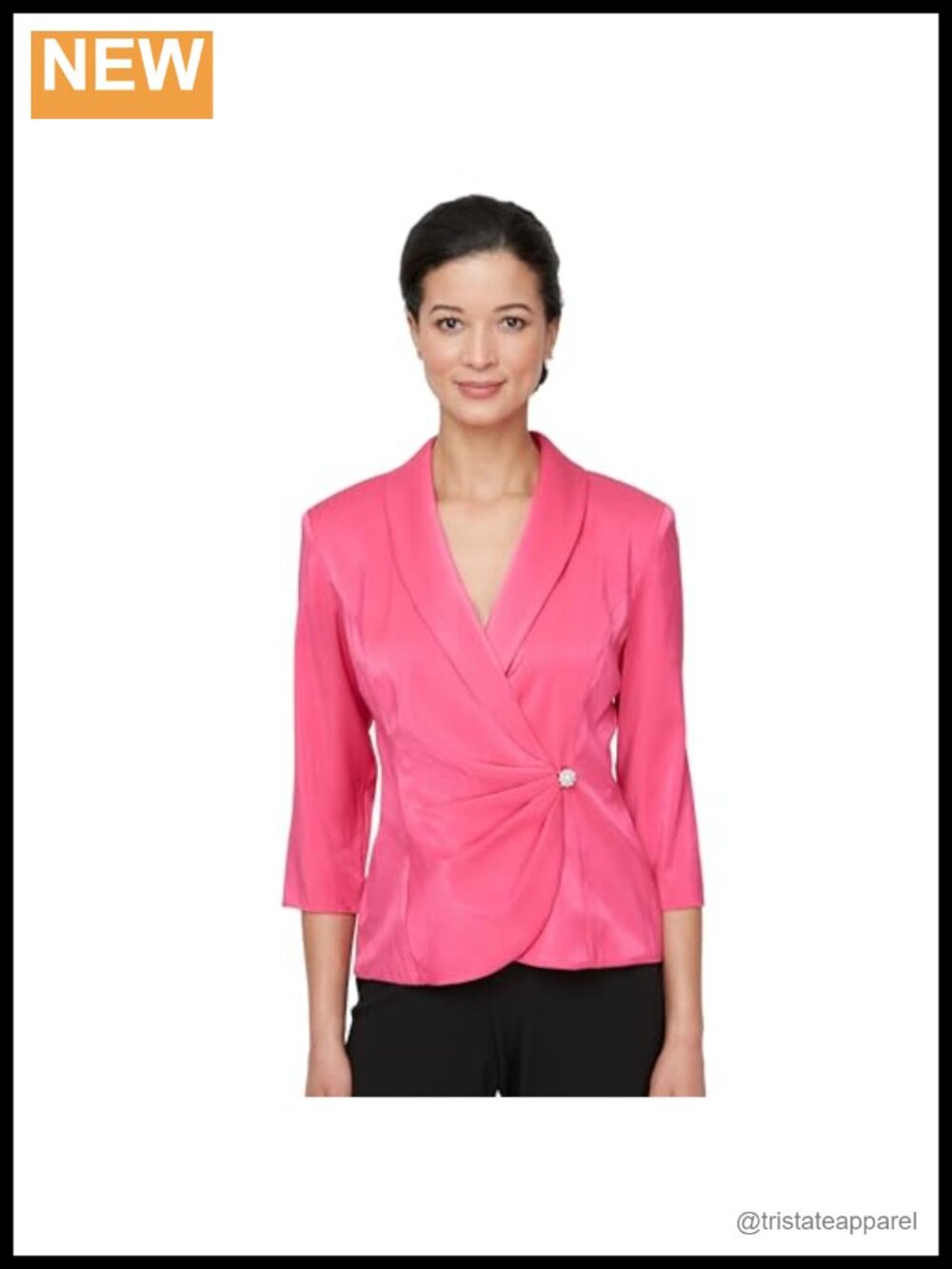 3/4 Sleeve Surplice Neckline Stretch Shimmer Blouse Embellished Side